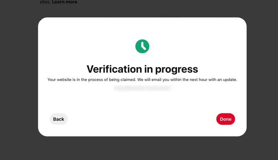 The "In Progress" message means you may have to wait a few hours or days to claim your website