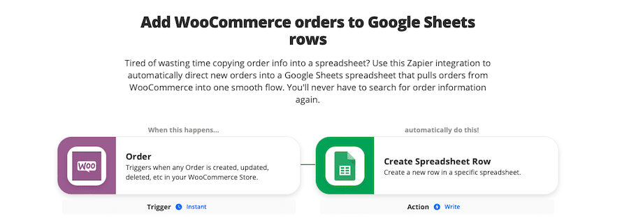 Zap for adding WooCommerce orders to Google Sheets rows.