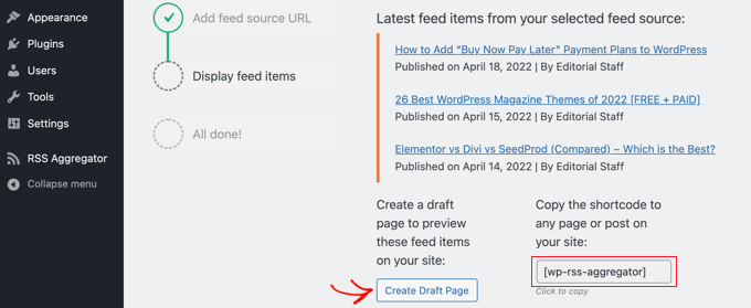 Click the 'Create Draft Page' Button to Preview the RSS Feed