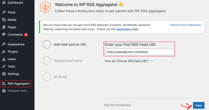Enter the Feed URL into WP RSS Aggregator's Settings