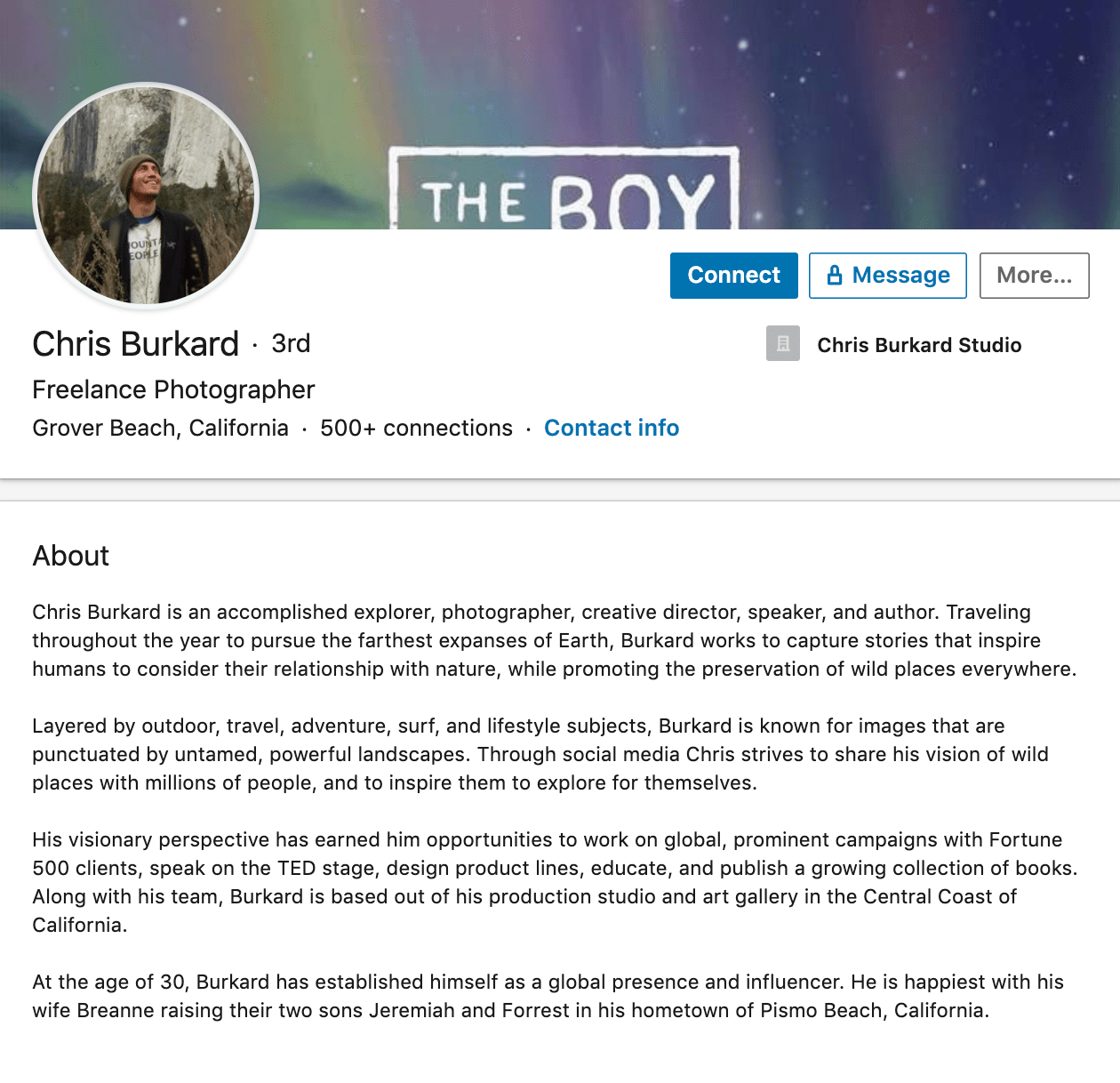 Chris Burkard's professional bio on LinkedIn