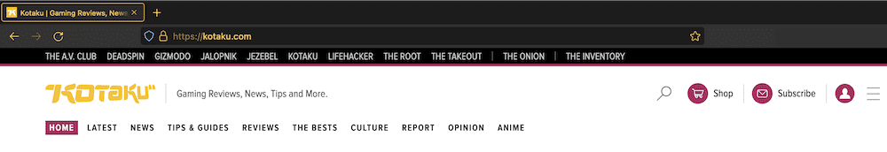 Kotaku’s header section, showing the Firefox browser bar, a small, black menu with links to other sites in the network, the Kotaku logo and tagline, a selection of items to search, search, shop, subscribe, and login, and a navigation menu for the site itself.
