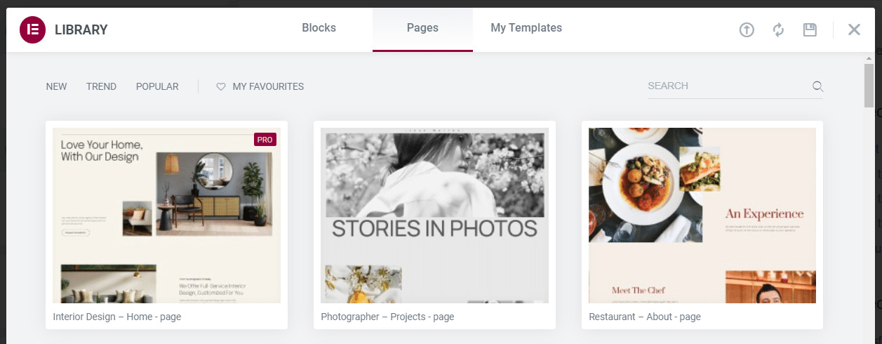Choose a page or template from the Elementor library