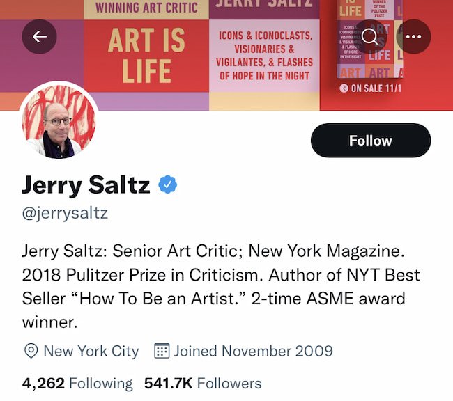 Short professional bio example of Jerry Saltz on Twitter 