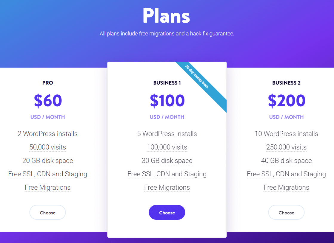 Pricing tables on the Kinsta website