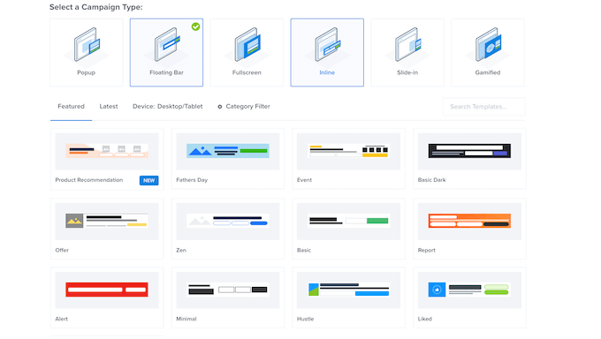 The OptinMonster templates including banner templates