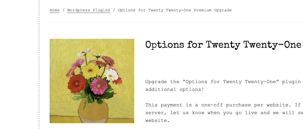 The Options for Twenty Twenty-One website, showing a set of breadcrumb links, a portion of incomplete body text, and a thumbnail for a still life flower painting.