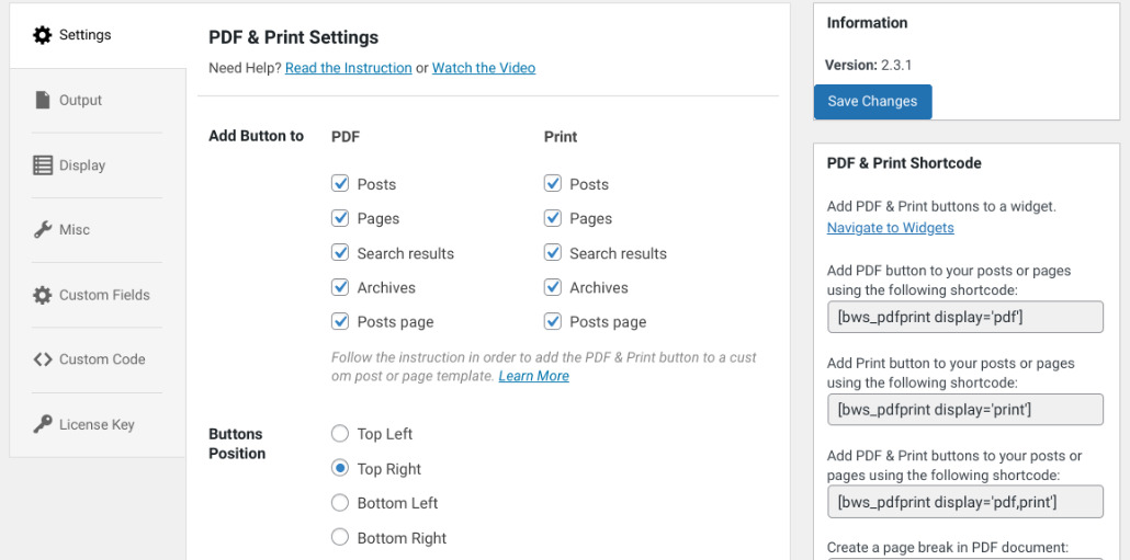 The PDF & Print plugin settings.
