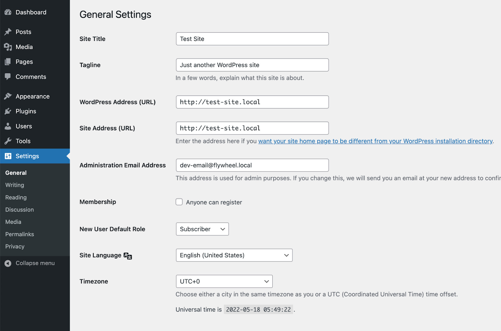 The WordPress General Settings