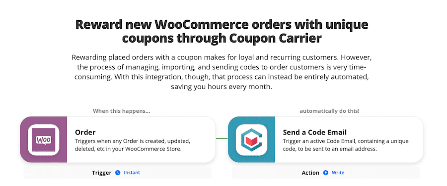 Zap for rewarding new WooCommerce orders with unique coupons through Coupon Carrier.