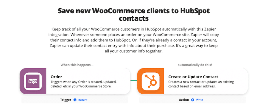 Zap for saving new WooCommerce clients to HubSpot contacts.