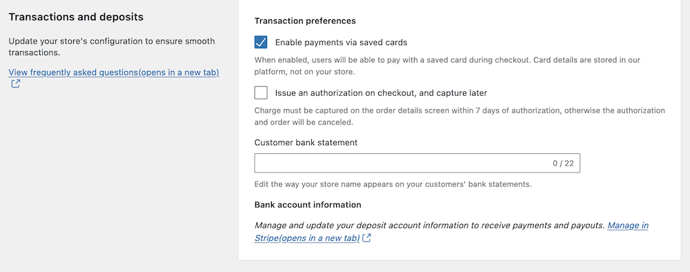 The Transaction Preferences section of WooCommerce Payments, showing a field to enter your business name and tick boxes to enable payments via saved cards, and a delayed card capture.