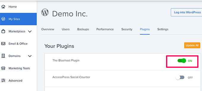 Turn on Bluehost plugin