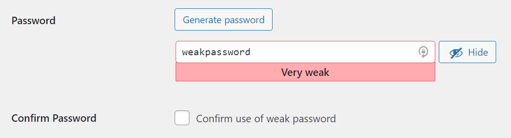 Using a weak password in WordPress
