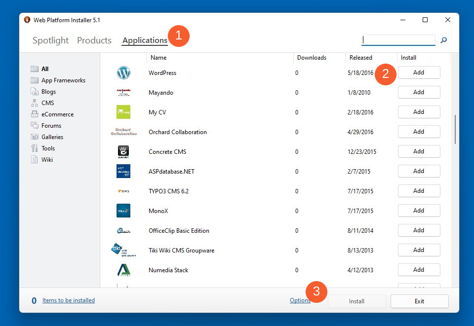 Adding WordPress in the Microsoft Web Platform Installer.