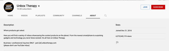 youtube channel description example: unbox therapy
