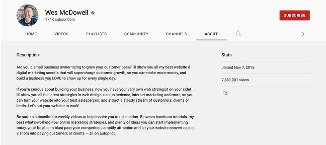 youtube channel description example: wes mcdowell