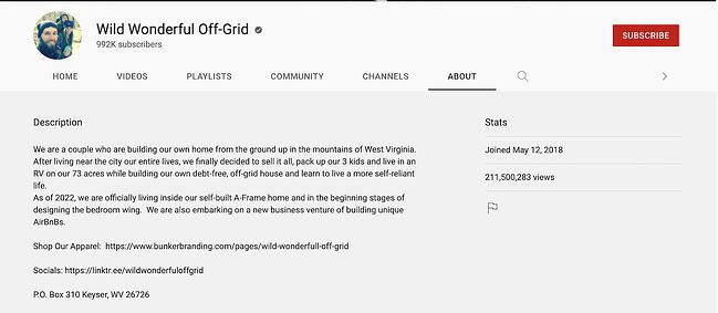 youtube channel description example: wild wonderful off-grid