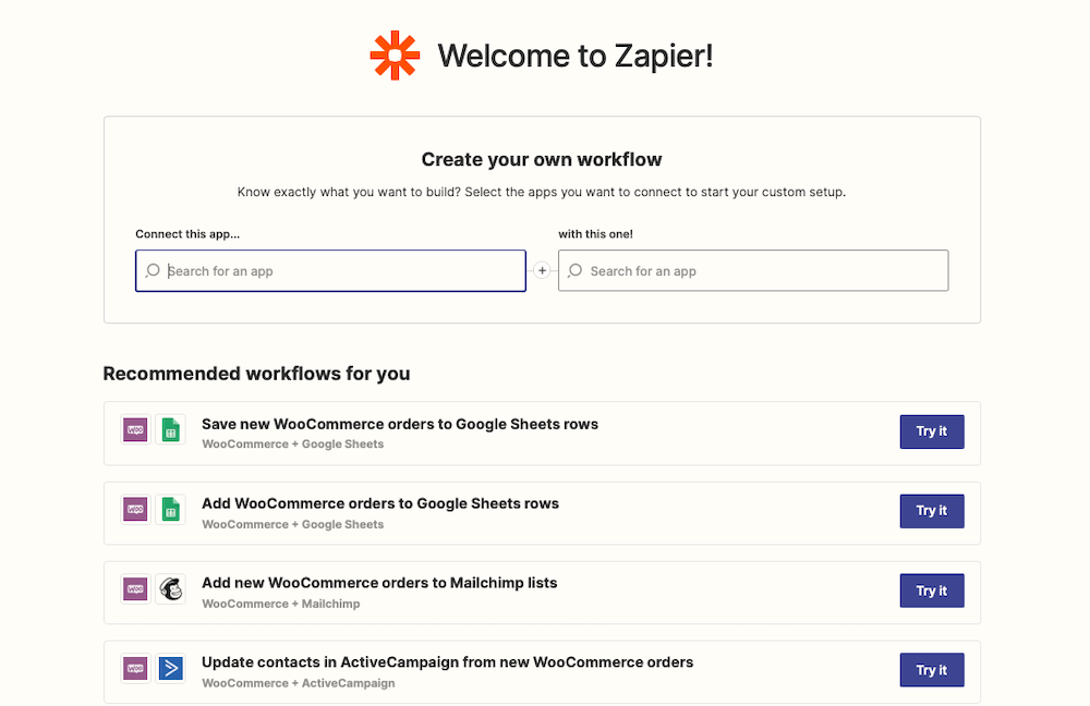 Zapier dashboard with WooCommerce workflows.