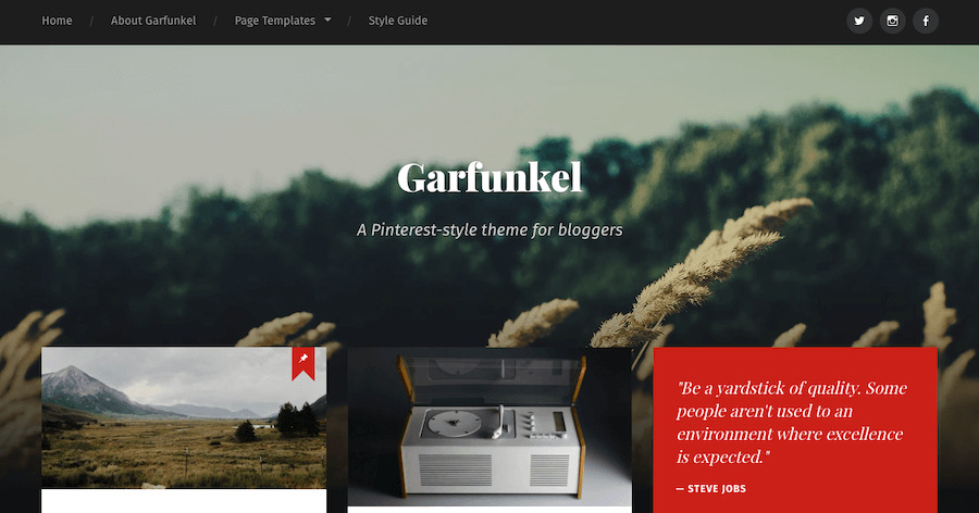 A screenshot of a demo for the Garfunkel blogging theme.