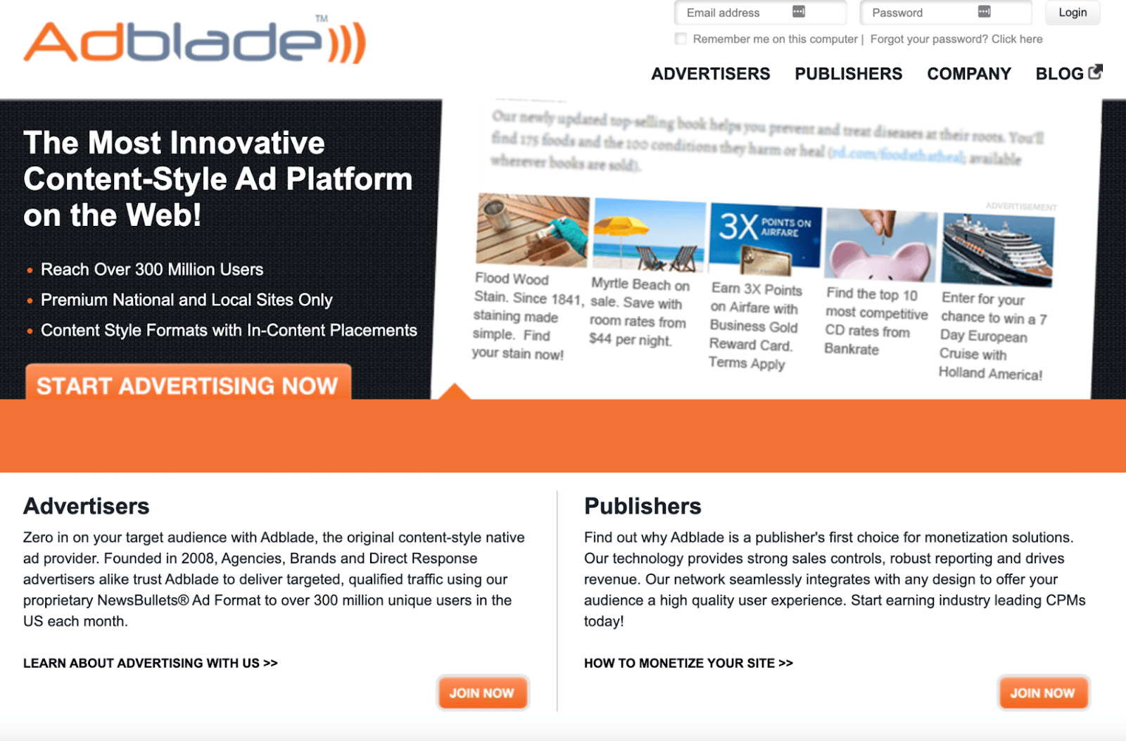 The homepage for Adblade
