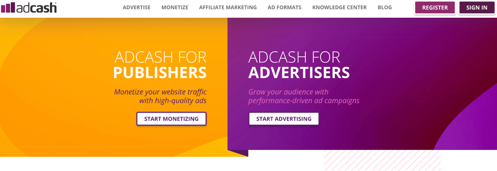 The homepage for Adcash