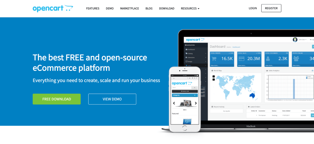 OpenCart's homepage that says, 