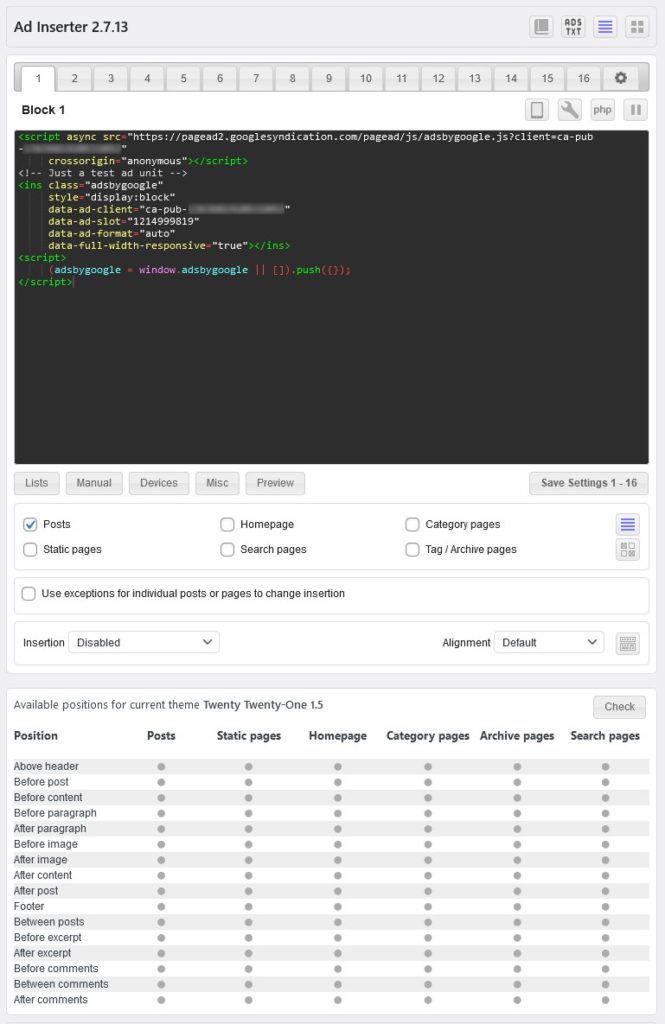 ad inserter plugins settings