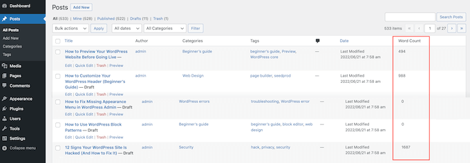 Adding a word count to the WordPress dashboard