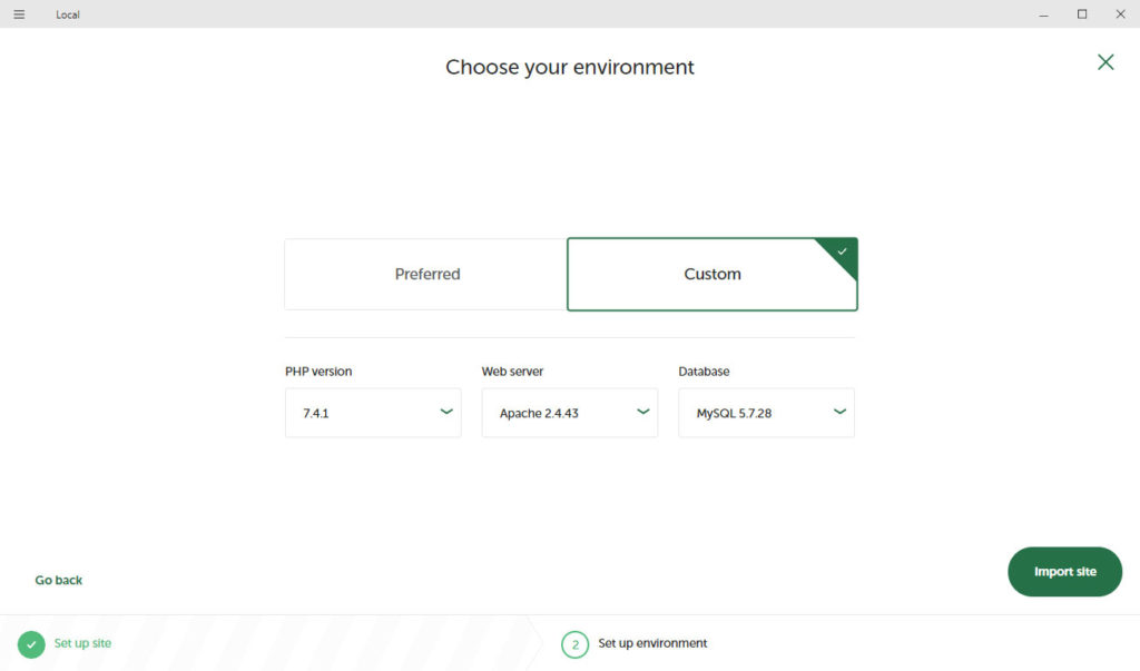 choose environment for imported website