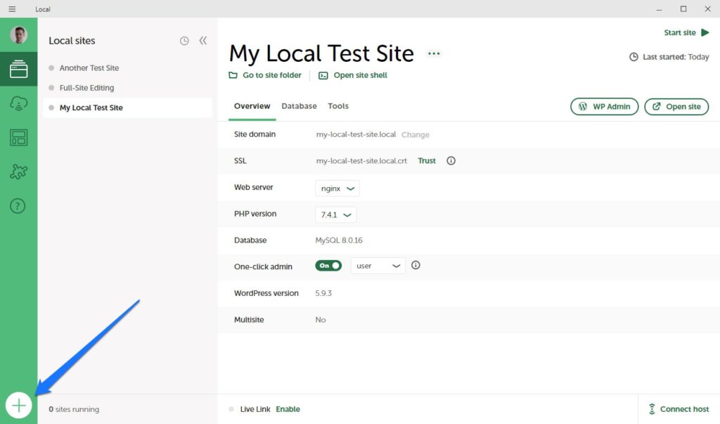create a new site to use without wordpress in local wp