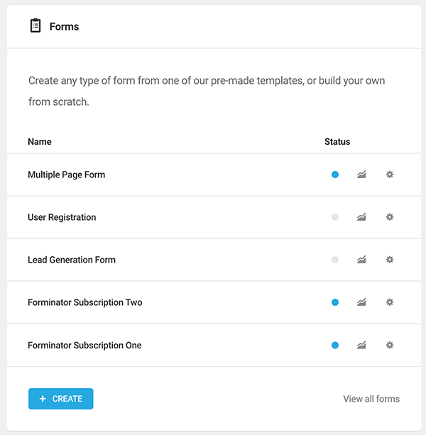 List of all of the forms created in Forminator.