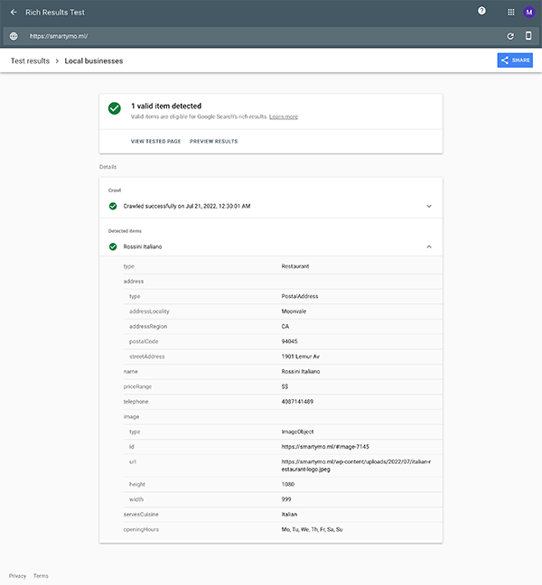 Google rich results test.