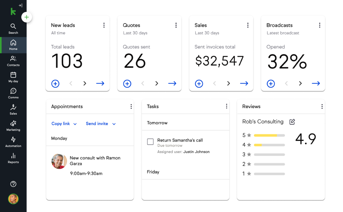 Keap's simple dashboard