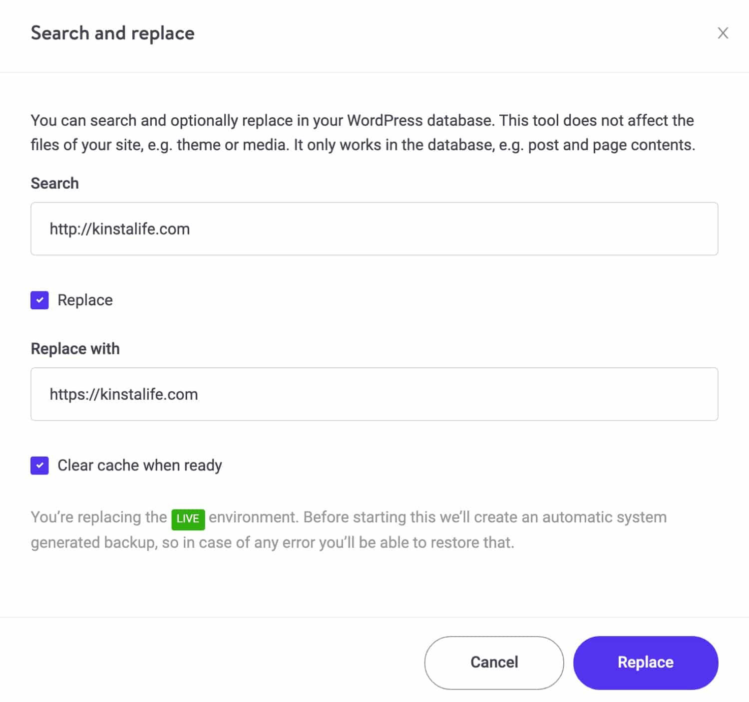 MyKinsta dashboard search and replace options