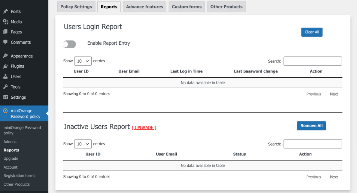 The Password Policy Manager plugin Reports screen.