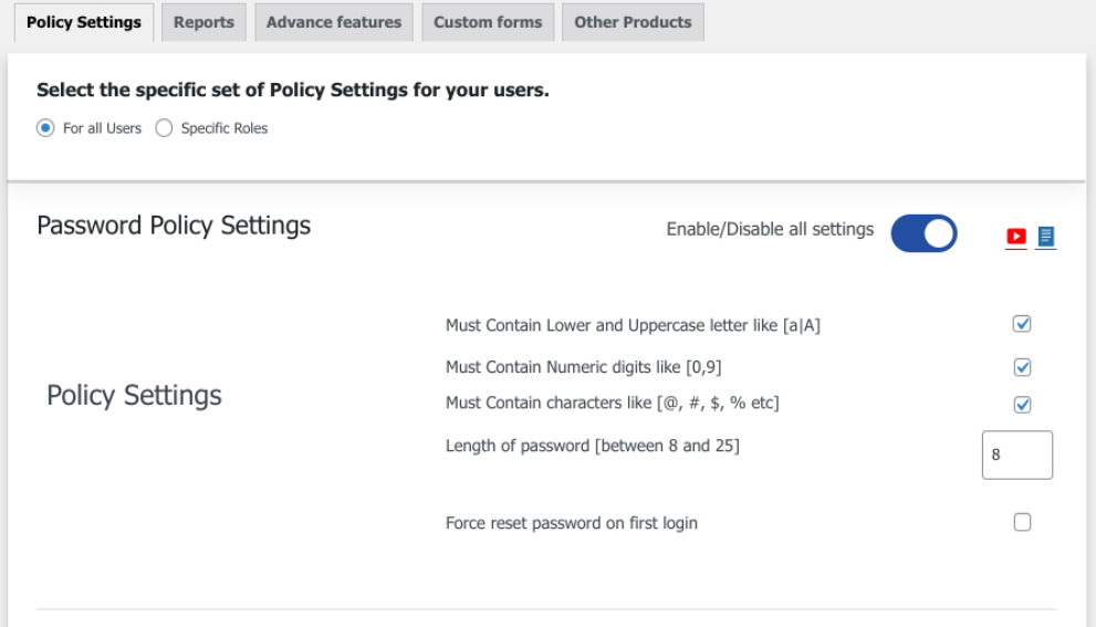 The password policy settings page.
