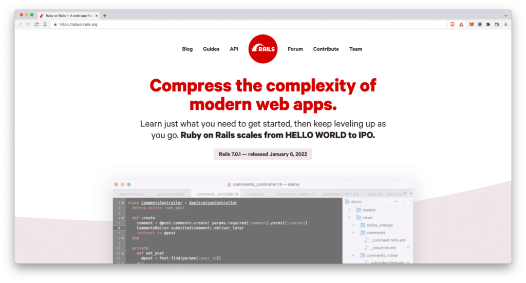 The Ruby on Rails homepage showing a section of Ruby code open in a code editor.