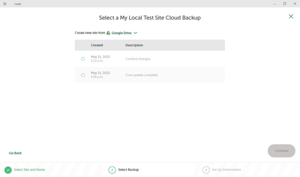 set up a new site from cloud backup in local