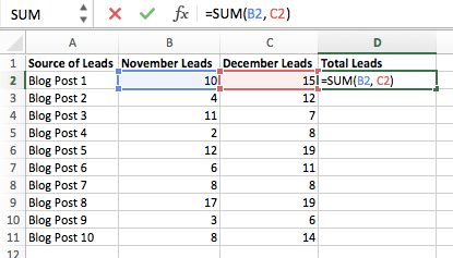 SUM formula entered in column C of Excel spreadsheet to find the sum of cells B2 and C2.