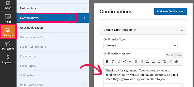 Edit user registration form confirmation message