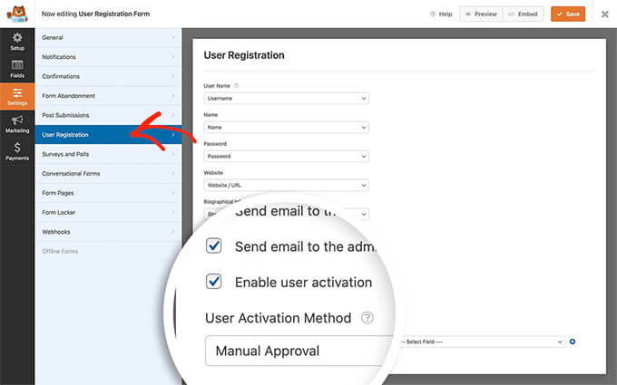 Enable Admin Approval for User Registration in WPForms