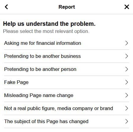 Choose the most appropriate reason for reporting the page