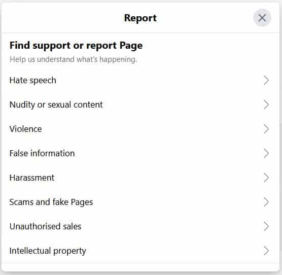 Report the page as “Scams and fake Pages"