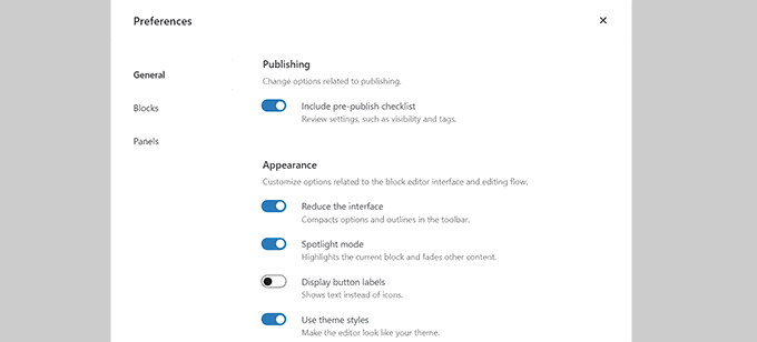Block editor general preferences