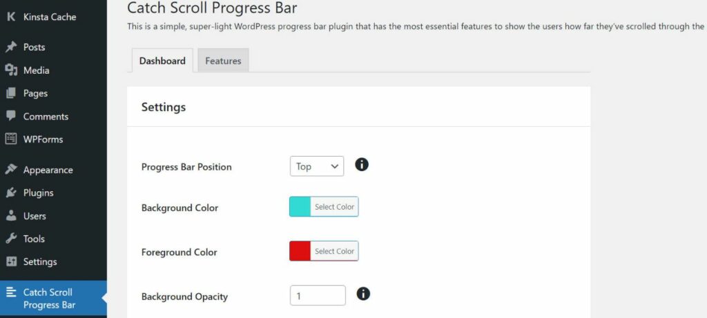 The Catch Scroll Progress Bar plugin settings area.