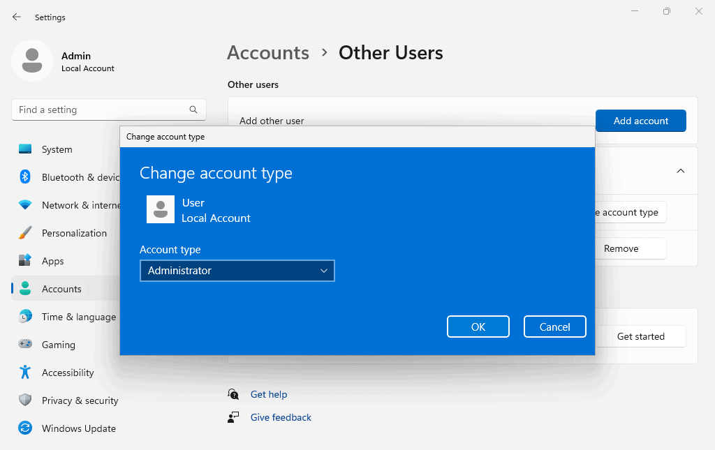 Change account type in Windows 11