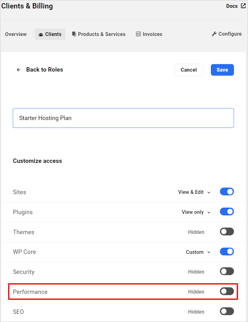 Clients & Billing - Clients - Performance Option Hidden