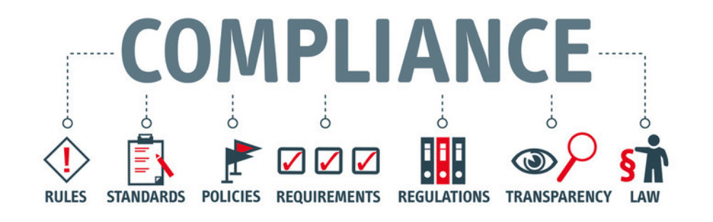 An image showing the different types of compliance, which include rules, standards, policies, requirements, regulations, transparency, and law.