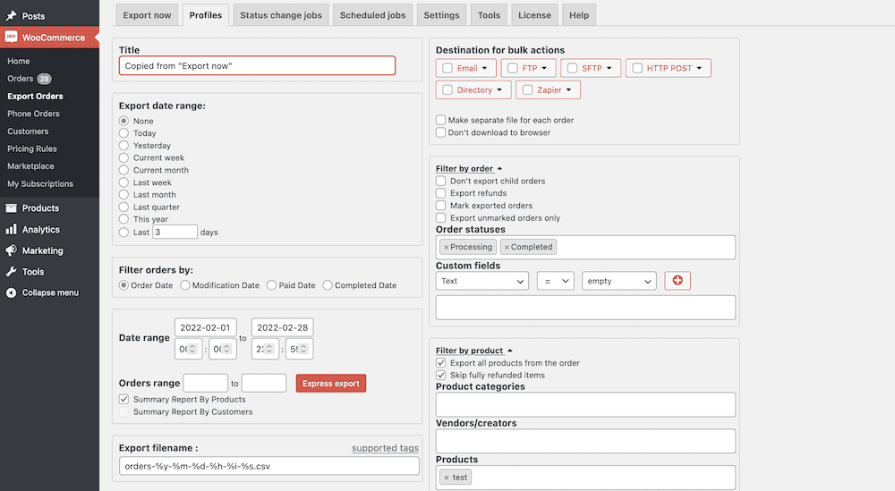 The full profiles screen, showing export data ranges, bulk action settings, filter settings, and more within WordPress.